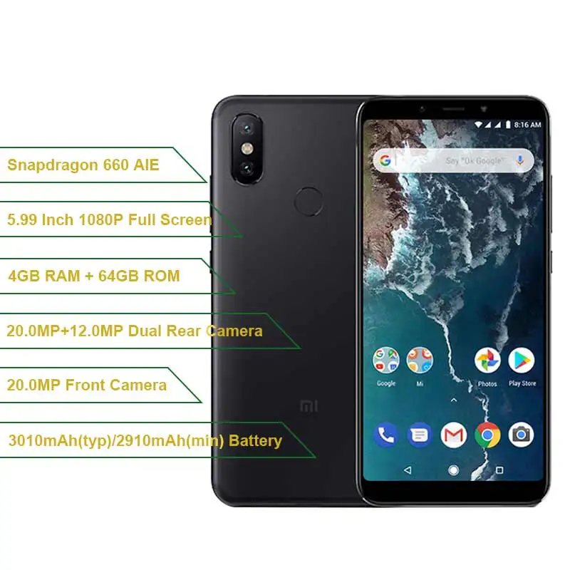 Глобальная версия Xiaomi Mi A2 Восьмиядерный процессор Snapdragon 660 4 ГБ 64 5 99 дюйма 18:9