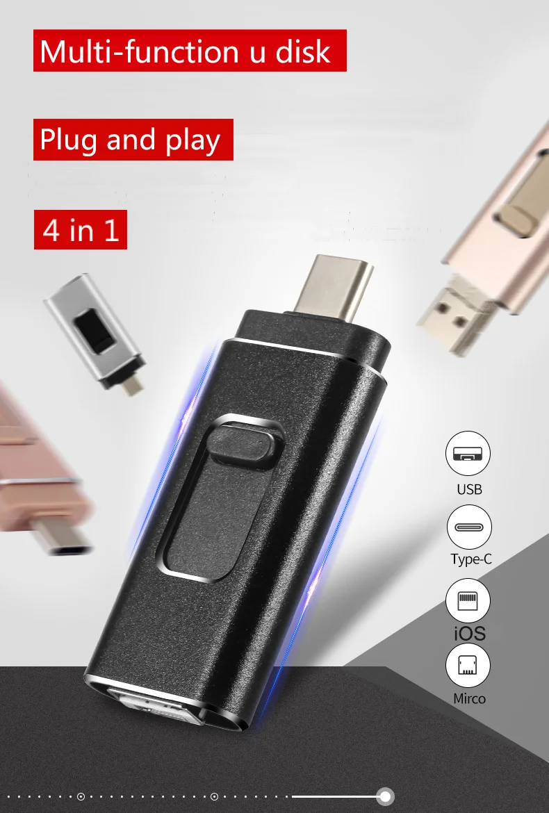 4 в 1 OTG USB флэш-накопитель 16G 32G 64G 128G карта памяти type-C для samsung S8 S9 huawei P20 iphone X 8 7 Plus