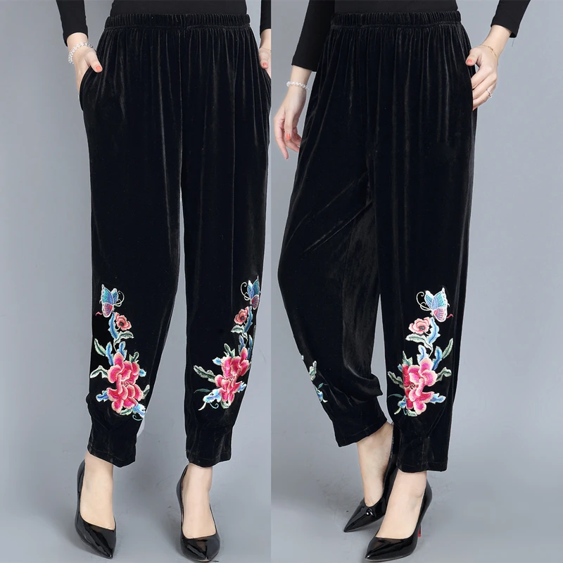 

Spring autumn women's embroidery pants elastic waist velvet wide leg pants national wind casual Gold velvet harem pants trousers