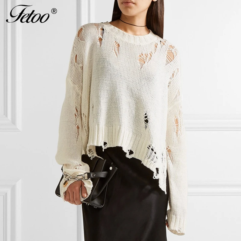 Fetoo Thin Fashion Ripped Hole Knitted Pullover Women Sweater Loose Casual High-low Hem Long Sleeve Knitting Sweaters Female | Женская