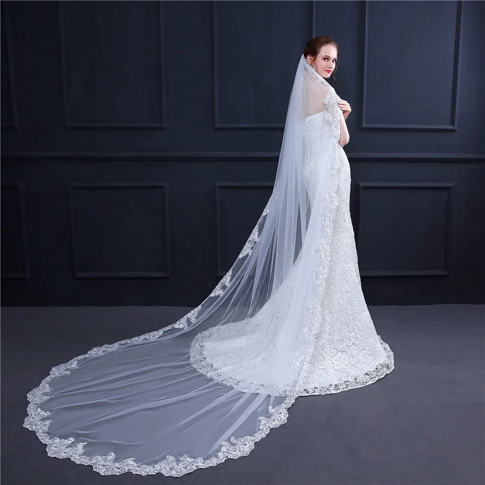 

Luxury Ivory Wedding Veils One Layer 3m Long Cathedral Bridal Veil Appliques Sequins Edge Wedding Accessories