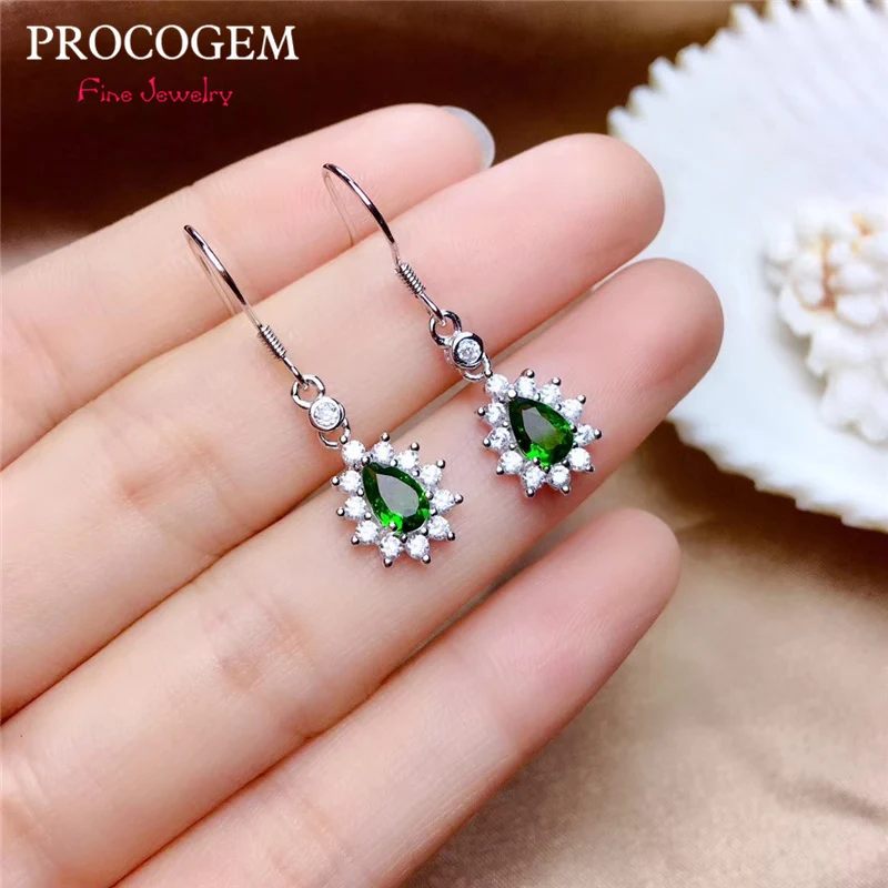 

PROCOGEM Natural Diopside Drop Earrings for Women Anniversary Genuine Gems CZ Eardrops 925 Sterling silver Fine Jewelry #551