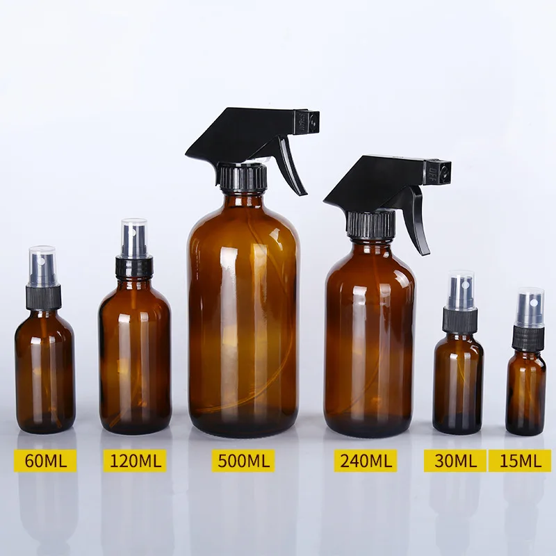 10PCS/Lot Amber Glass Essential Oil Spray Bottles Mist Sprayer Container Travel Refillable Bottle Transparent Brown 15-500ml