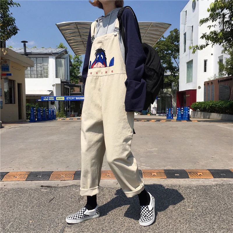 Комбинезоны для женщин для повседневное Твердые Kawaii Harajuku студентов деним s длинный комбинезон мультфильм вышивка свободны