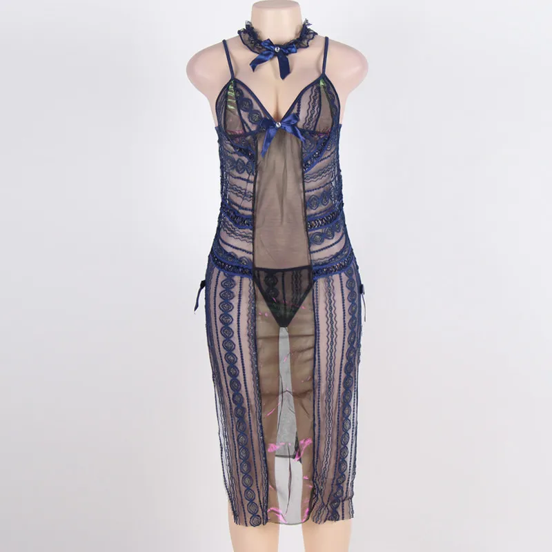 TryMeOn синее прозрачное длинное вечернее платье Babydoll сексуальное женское белье