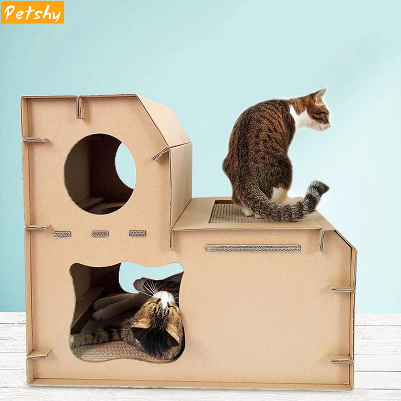Домик для кошек Petshy, Двухслойное домашнее гофрированное бумажное гнездо для кошек, съемная доска для кошек, играющая в спальную кровать, пещера