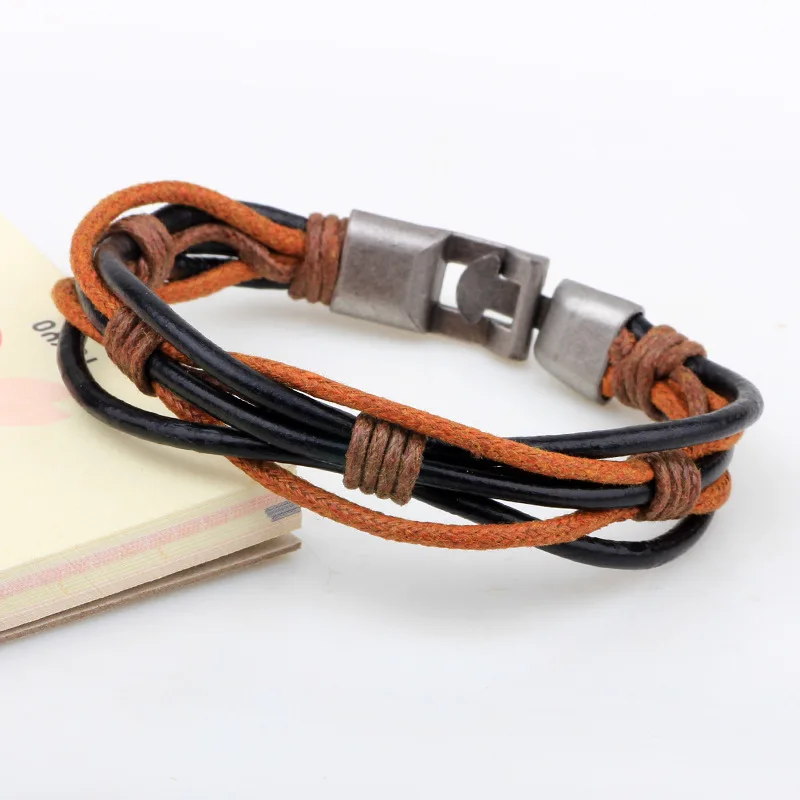 Мужской винтажный браслет из натуральной кожи сплава бронзы и черного цвета|bangle