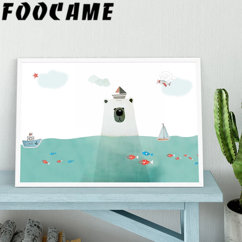 FOOCAME Polar Bear Sea Fish Cartoon Nordic Poster Print Nursery Wall Art Canvas Painting Kids Room Home Decoration Pictures | Дом и сад