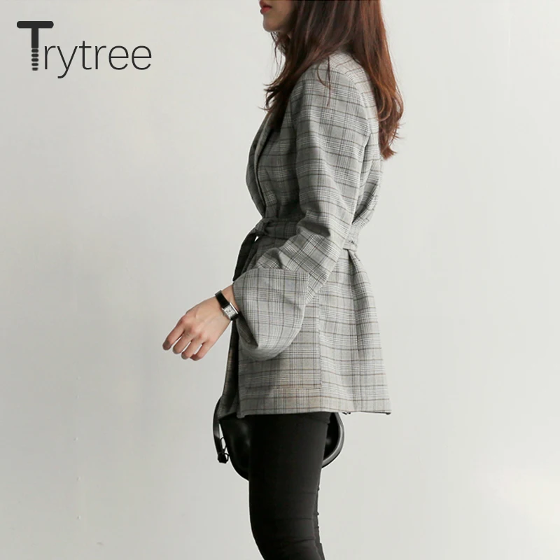 Женские офисные куртки Trytree серые клетчатые с поясом и бантом элегантные