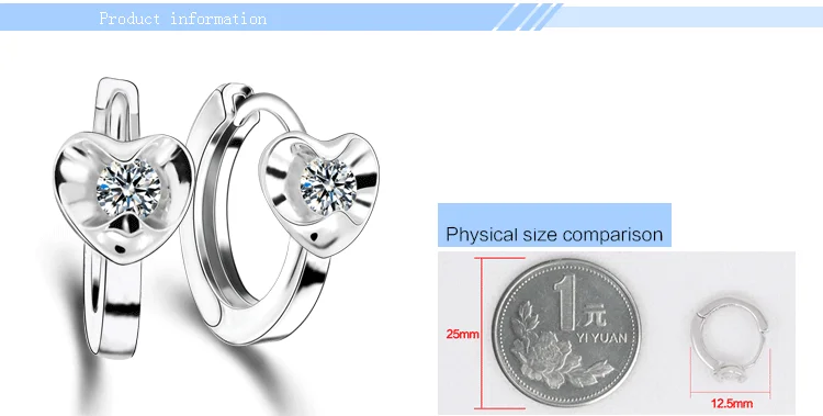 Модные женские серьги гвоздики с сердечком и роскошным кристаллом серебристого