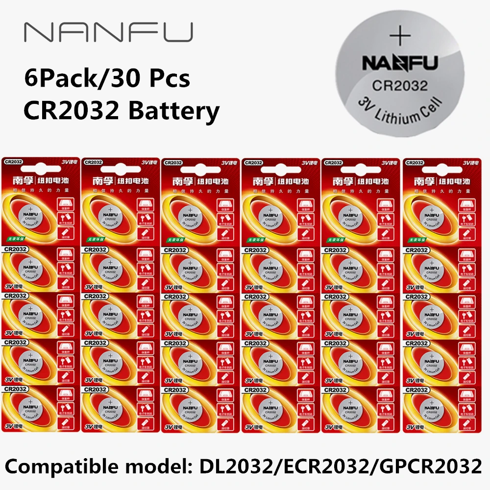 NANFU 6 шт/30 шт 3 в кнопка батареи CR2032 DL2032 ECR2032 GPCR2032 сотового монета литий ионная