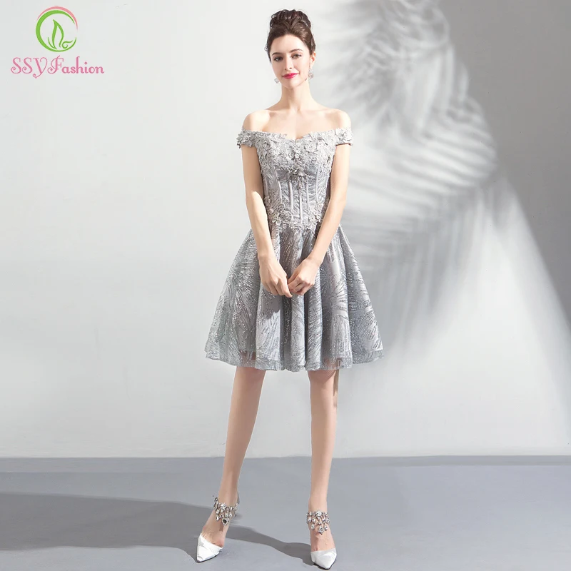 SSYFashion Новые короткие коктейльные платья Банкетный сладкий серый кружевной