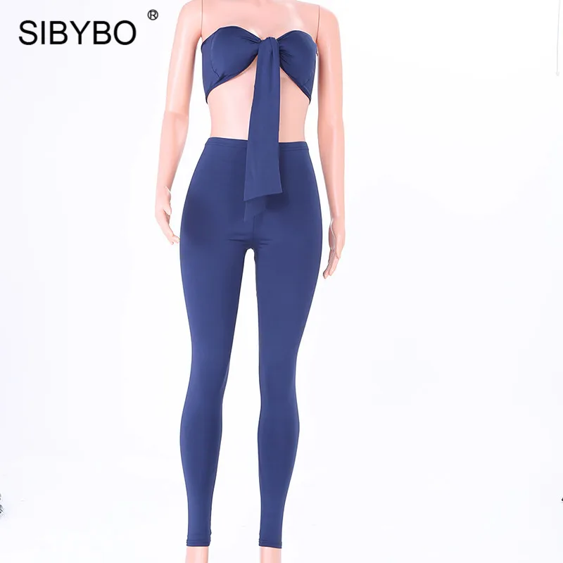 Sibybo с открытыми плечами завязанный сексуальный укороченный топ и штаны комплект без бретелек с высокой талией летний комплект из двух предметов Женский комплект с открытой спиной