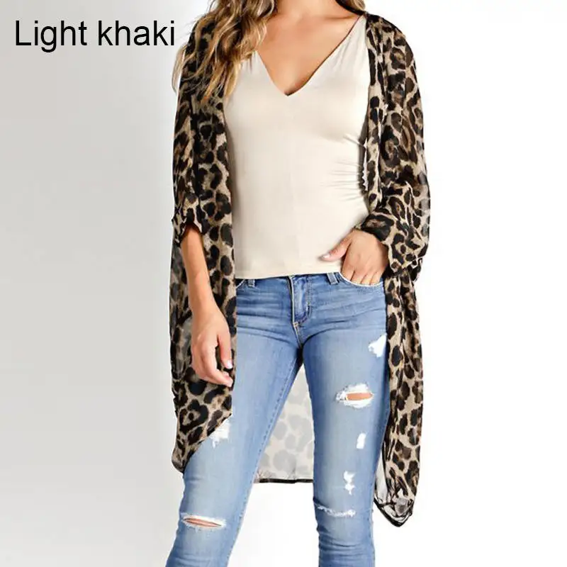 Light Khaki Лето, Пляжное кимоно с леопардовым принтом, кардиган для женщин, закрывающие Длинные Топы Блузы, свободная рубашка, Blusas Mujer размера плюс 5XL - Цвет: Light Khaki