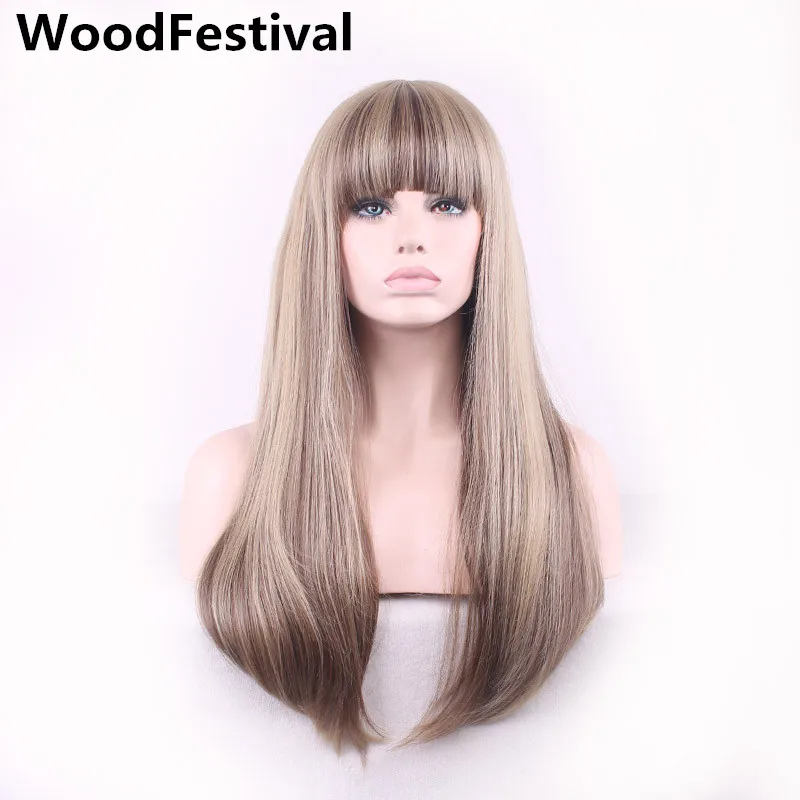 

Парик WoodFestival с челкой для женщин, женские синтетические косплейные парики, длинные прямые волосы с эффектом омбре, блонд, черный смешанный ц...