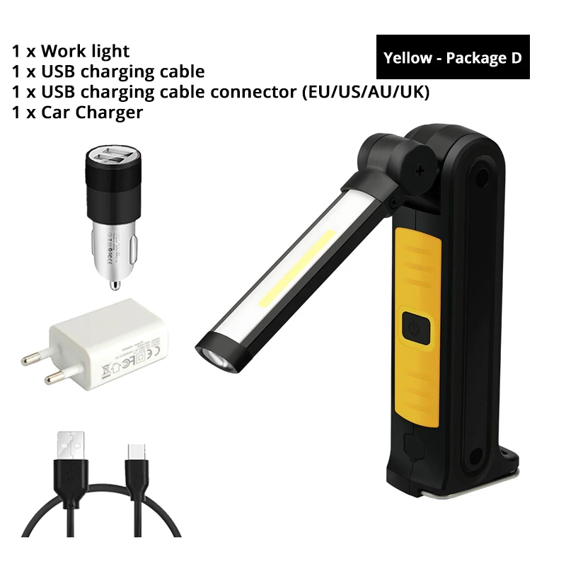Yellow - Package D USB Перезаряжаемый COB светодиодный светильник-вспышка рабочий светильник инспекционный светильник 4 режима задний магнит дизайн подвесной фонарь Водонепроницаемый - Испускаемый цвет: Yellow - Package D