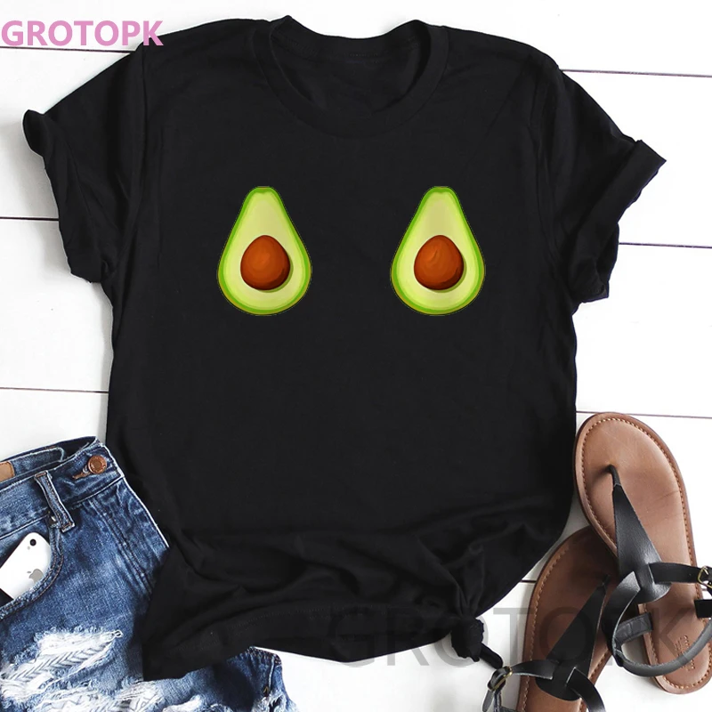 Kawaii A Pair авокадо Декор BFF женская футболка Harajuku топы Летняя черная из полиэстера