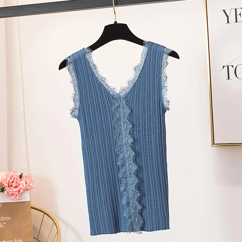 2019 летние топы модная НОВАЯ Трикотажная майка Женская кружевная Лоскутная