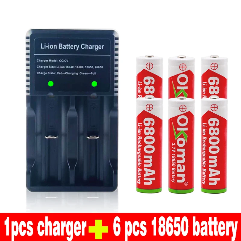 Красный Okoman 18650 аккумулятор 3,7 V 6800 mAh перезаряжаемый литий-ионный аккумулятор для игрушки светодиодный фонарик вспышки электроинструменты+ USB зарядное устройство - Цвет: Красный