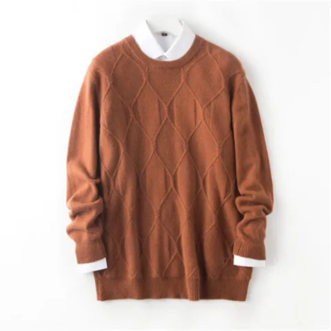 caramel Чистый кашемир Oneck вязать мужчин Мода argyle свободный толстый пуловер свитер сплошной цвет S-3XL - Цвет: caramel