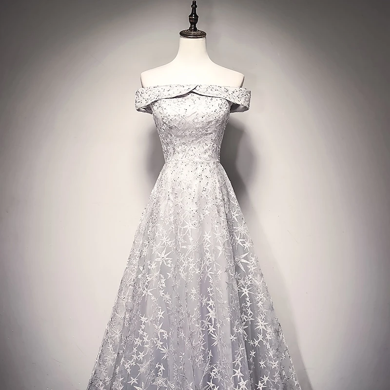 JANCEMBER Grey Star Lace Evening Dress Long Off The Shoulder Floor Length Up Back Elegant Formal robe de soiree | Свадьбы и