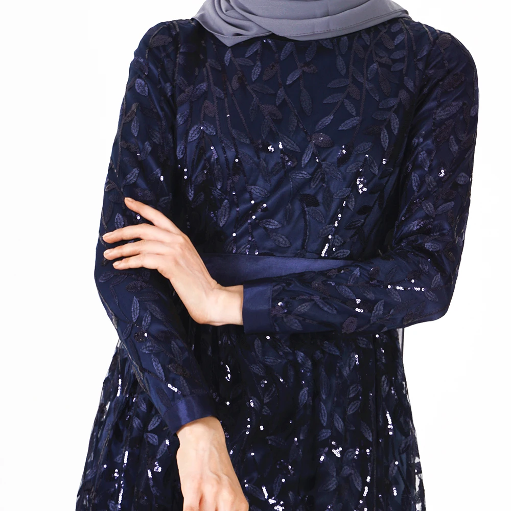 2019 двойные слои кружева вышивка блесток женская мусульманская Круглый воротник