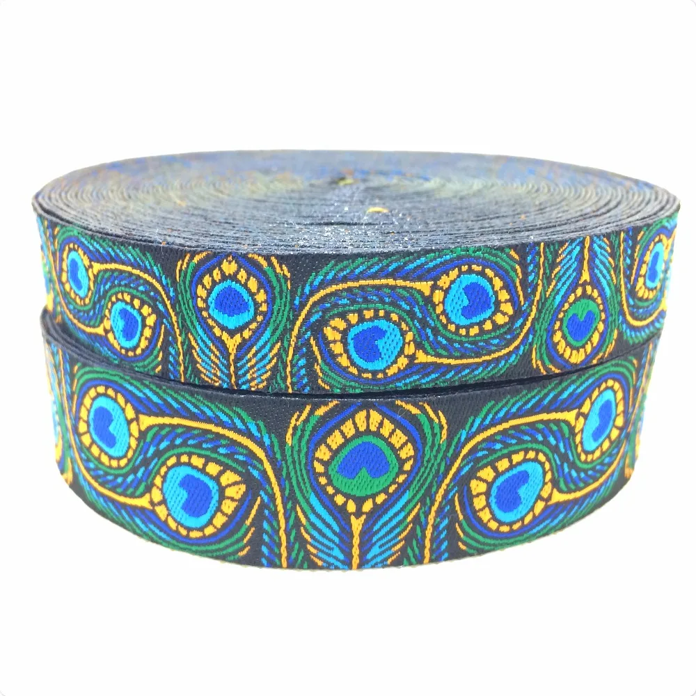 

2015 NEW wholesale 5/8"+7/8"(16mm+22mm 20yards/lots) Polyester Peacock feathers Cartoon Woven Jacquard Ribbon For Dog Collar