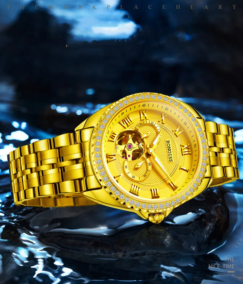 RONGISS Роскошные мужские часы многофункциональные 50 метров водонепроницаемые 24K позолоченные золотые часы турбийон автоматические механические часы