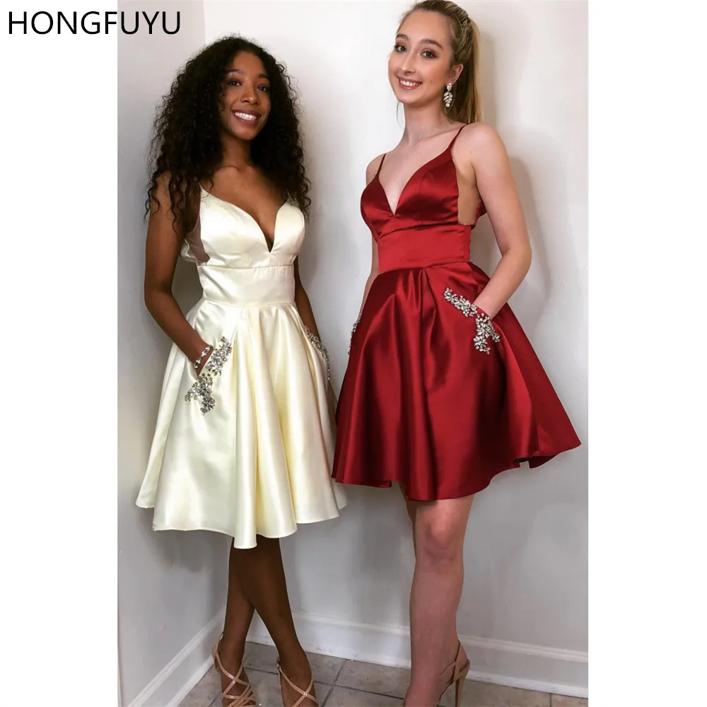 

HONGFUYU Spaghetti Straps Short Homecoming Prom Dresses with Beading Pockets A-line Satin Cocktail Party Gowns Vestido Curto