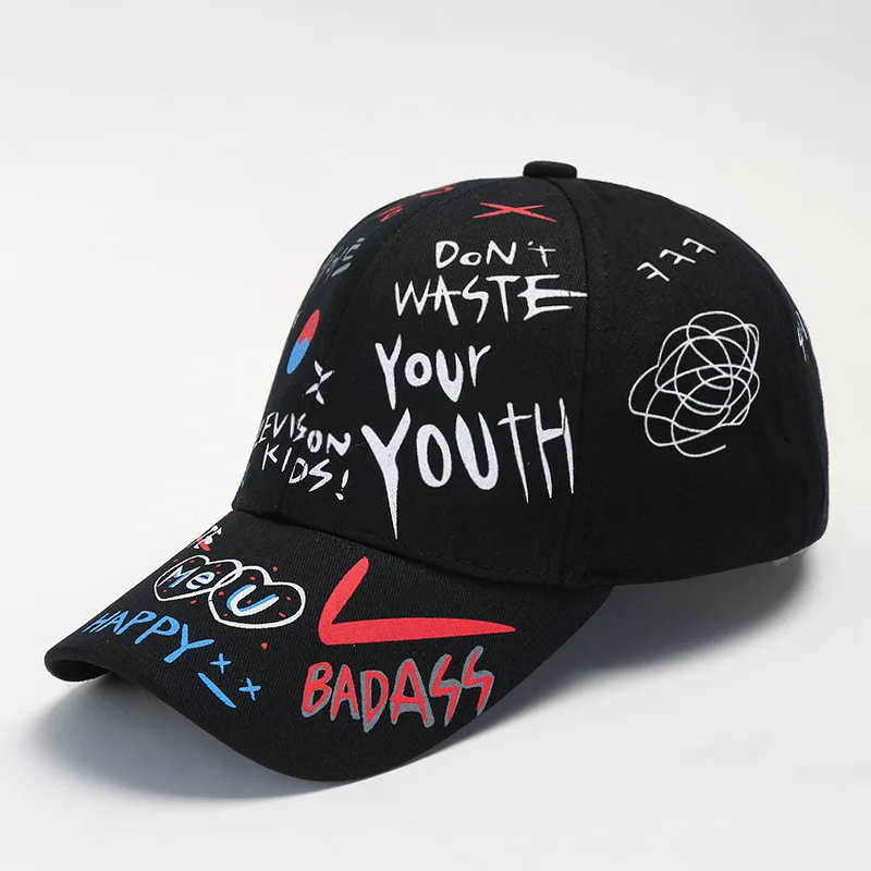 

2019 New Unisex Women Men Cap Adjustable Black White Color Printing Graffiti Snapback Baseball Cap for Male Female