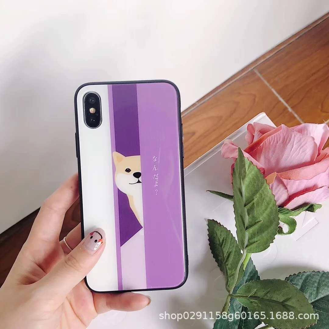 Toughened anti falling new glass mobile phone case purple dog explosion proof for iphone 7/8/6splus/X full bag |