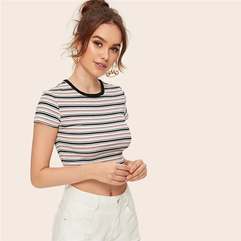 SHEIN контрастная лента полосатая ребристая Футболка женская повседневная с коротким рукавом эластичная летняя футболка с круглым вырезом приталенный кроп женский топ