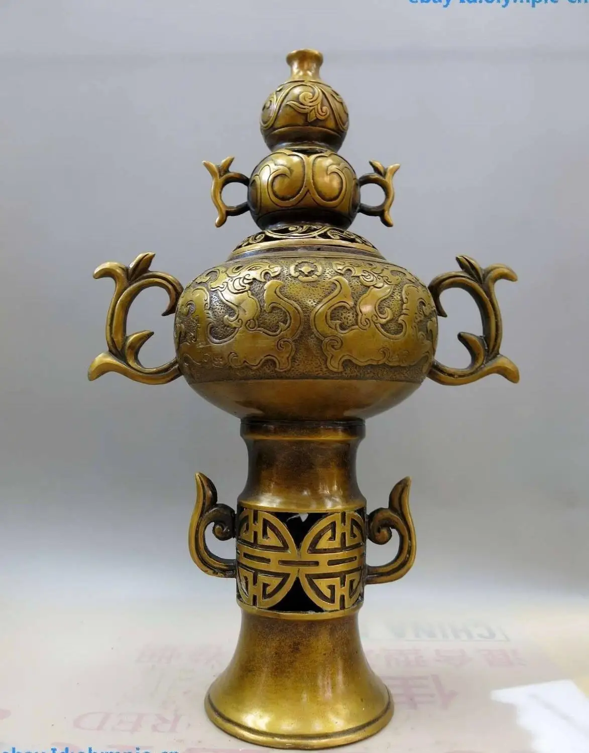 

15" China brass copper two dragon play bead Gourd censer Incense burner Statue