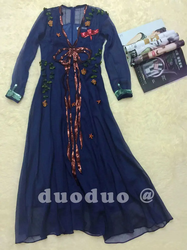 Женское длинное платье с бантом и блестками весеннее вечернее длинным рукавом