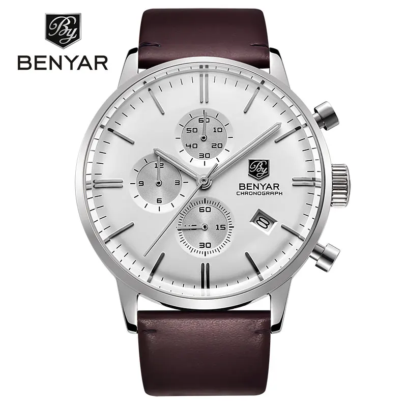 BENYAR Men's Watches Fashion Simple Men's Quartz Watch Chronograph Calendar Leather Waterproof Military Clock Relogio Masculino