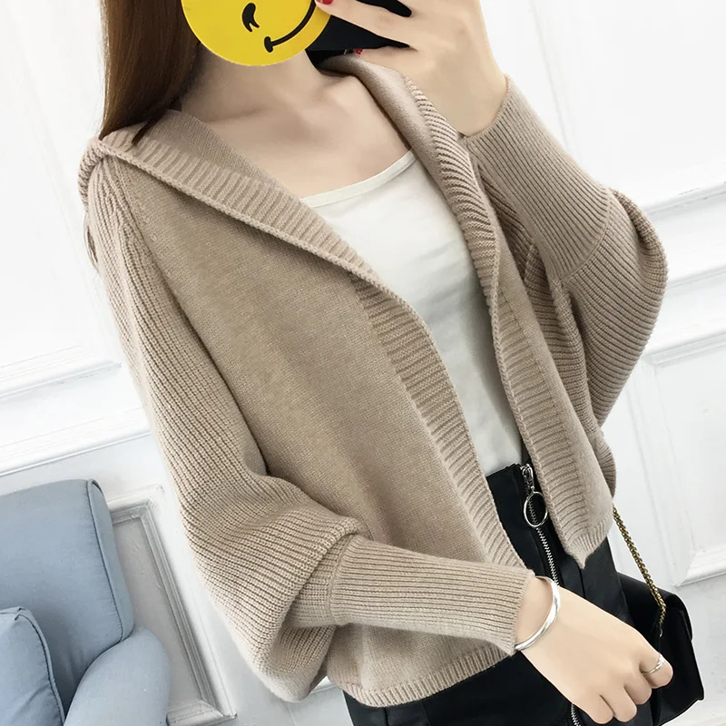 Осень сплошной цвет S-XL короткий с капюшоном вязаный кардиган свитер пальто 2018