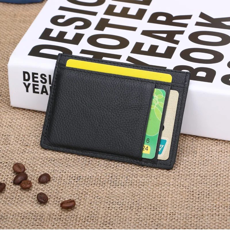Мужской тонкий чехол для банковских карт из натуральной воловьей кожи черный