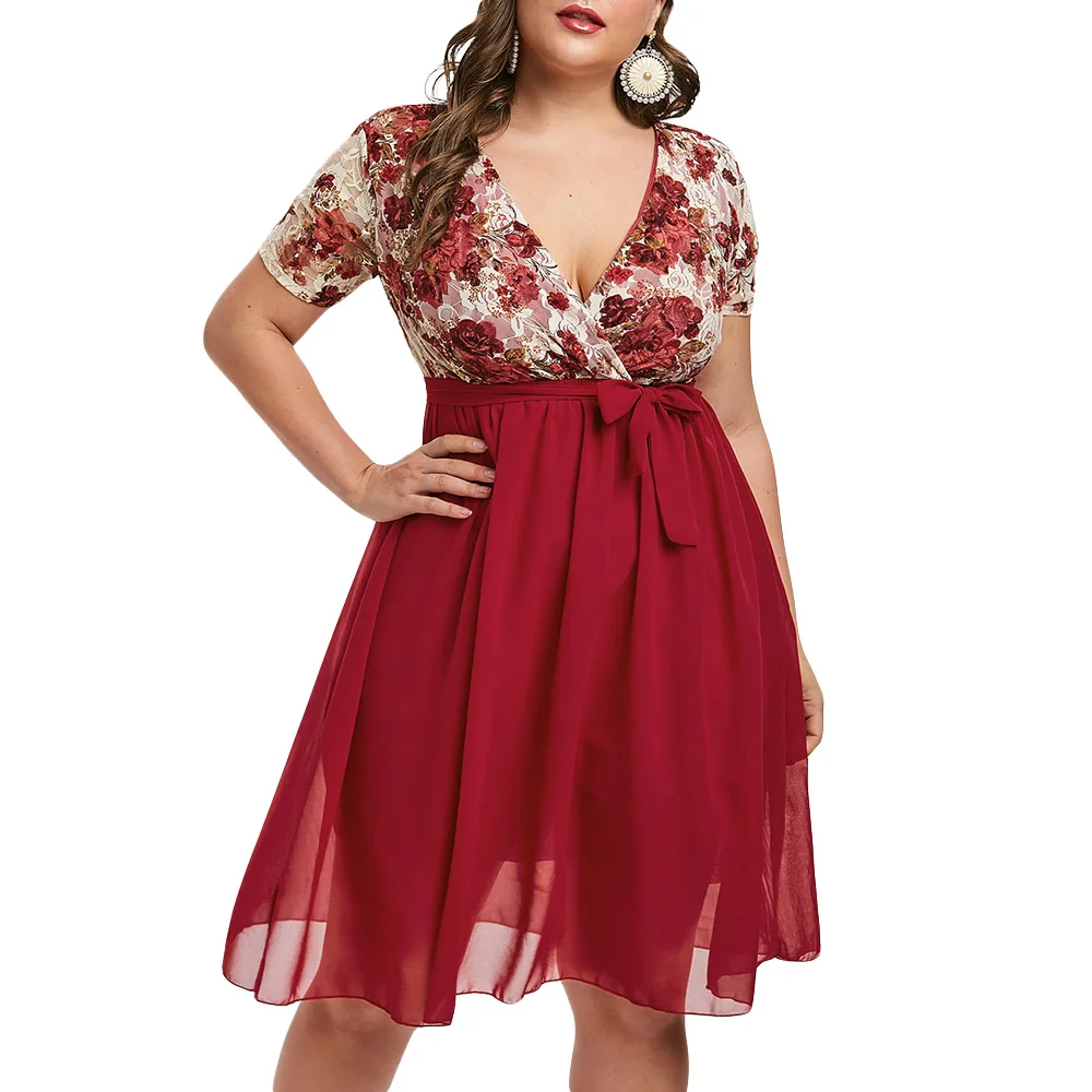 Red Wine Wipalo женское платье, плюс размер, 5XL, Цветочная кружевная вставка, платье трапециевидной формы, v-образный вырез, короткий рукав, пэчворк, повседневное летнее платье, Boho, Пляжное Платье - Цвет: Red Wine