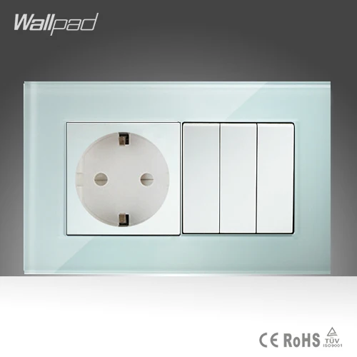 Европейская розетка и 3 банды Wallpad 146*86 мм BS CE белое Хрустальное стекло 16A EU