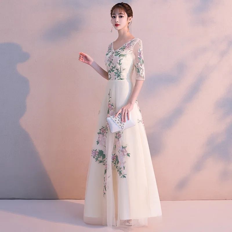 Длинное азиатское платье цвета шампанского с v-образным вырезом Vestidos брюки-Чино