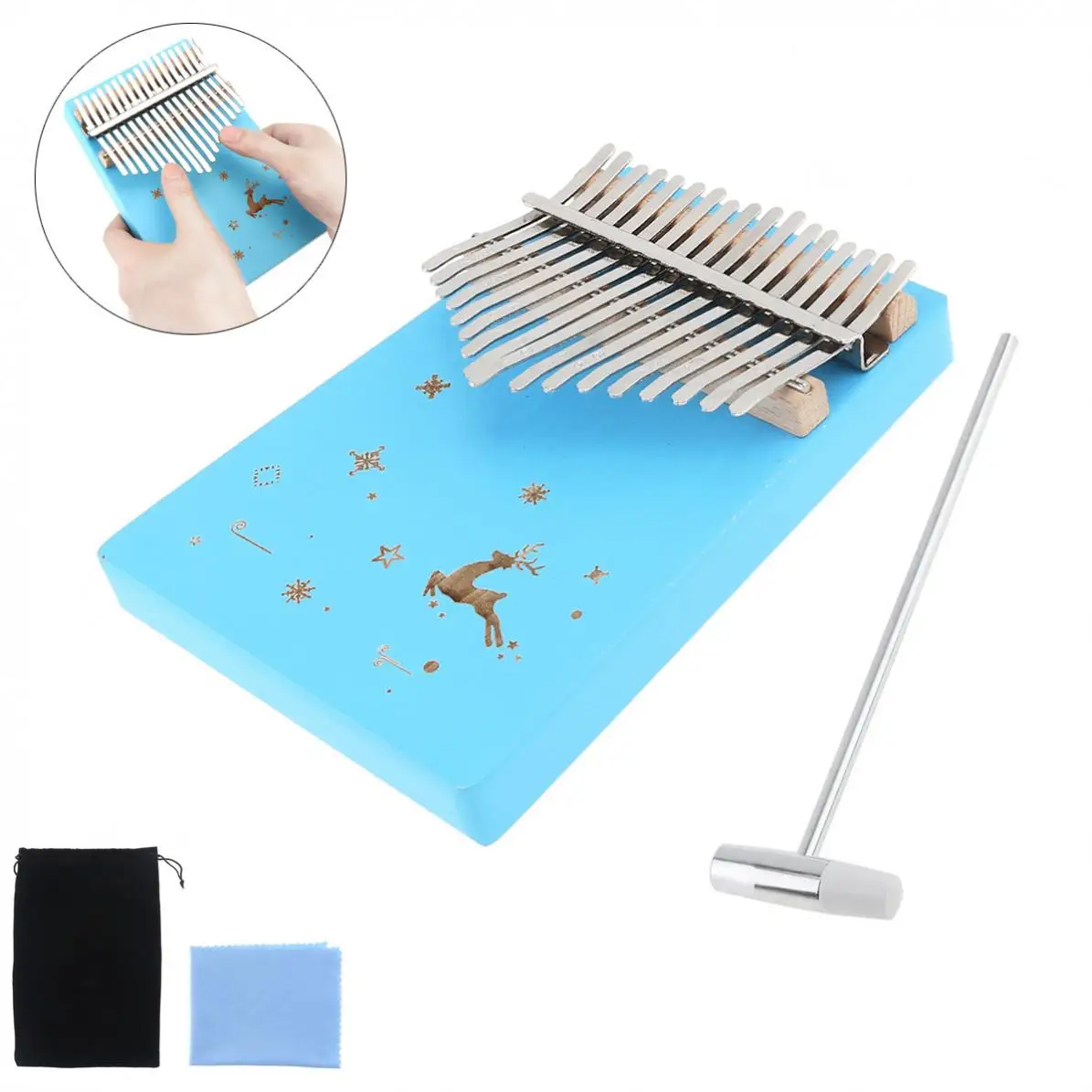 

17 Keys Thumb Piano Kalimba Blue Reindeer Snow Pattern Solid Single Board Pine Mbira Keyboard Musical Instrument with Hammer