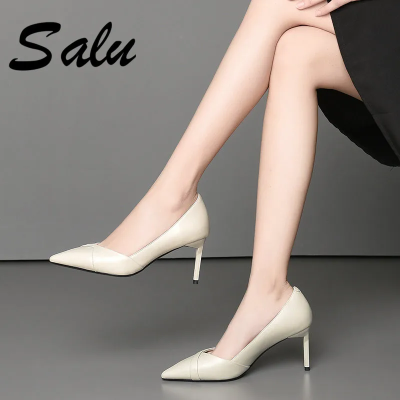 

Salu 2020 new arrival Genuine leather pumps women shoes pointed toe high heels shoes fashion dress shoes woman
