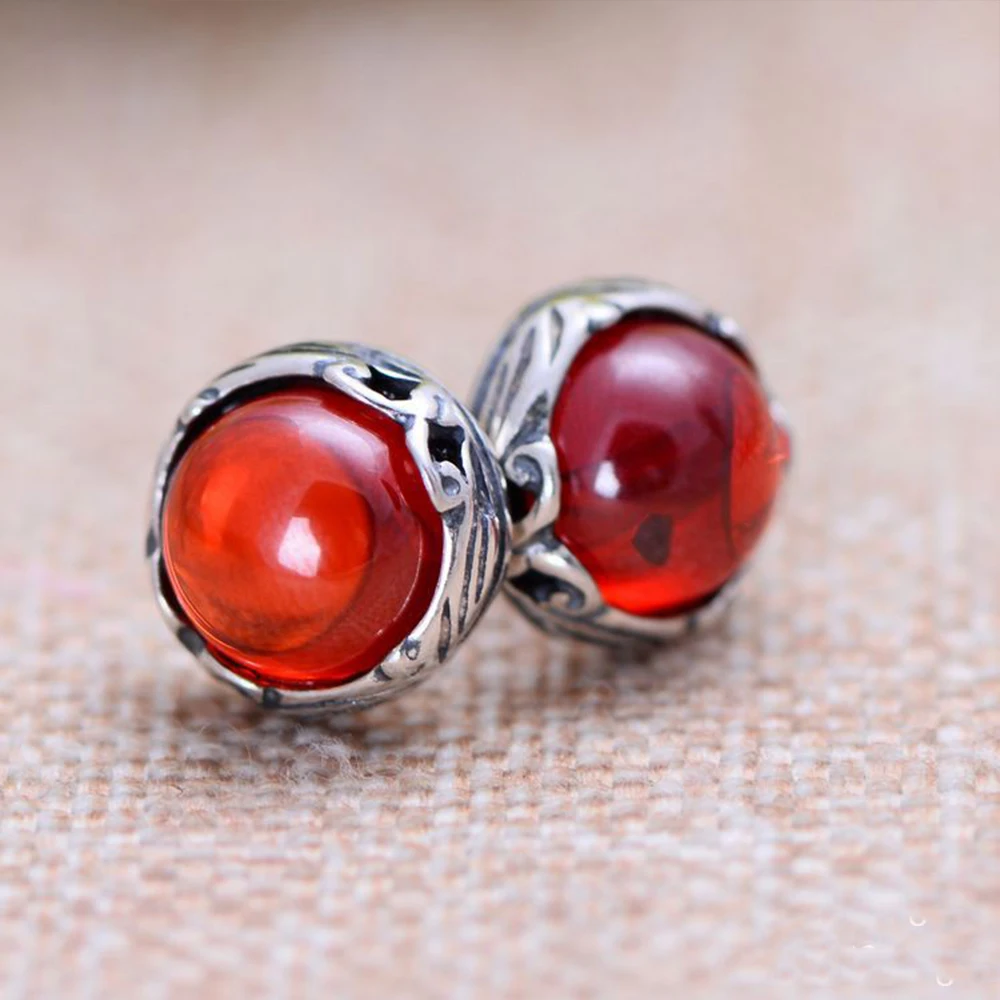 

MetJakt Natural Garnet Stud Earring Solid 925 Sterling Silver Earring for Women Vintage Thai Silver Jewelry