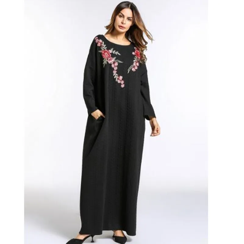 Женское зимнее платье с вышивкой Abaya утепленное трикотажное хлопковое длинное