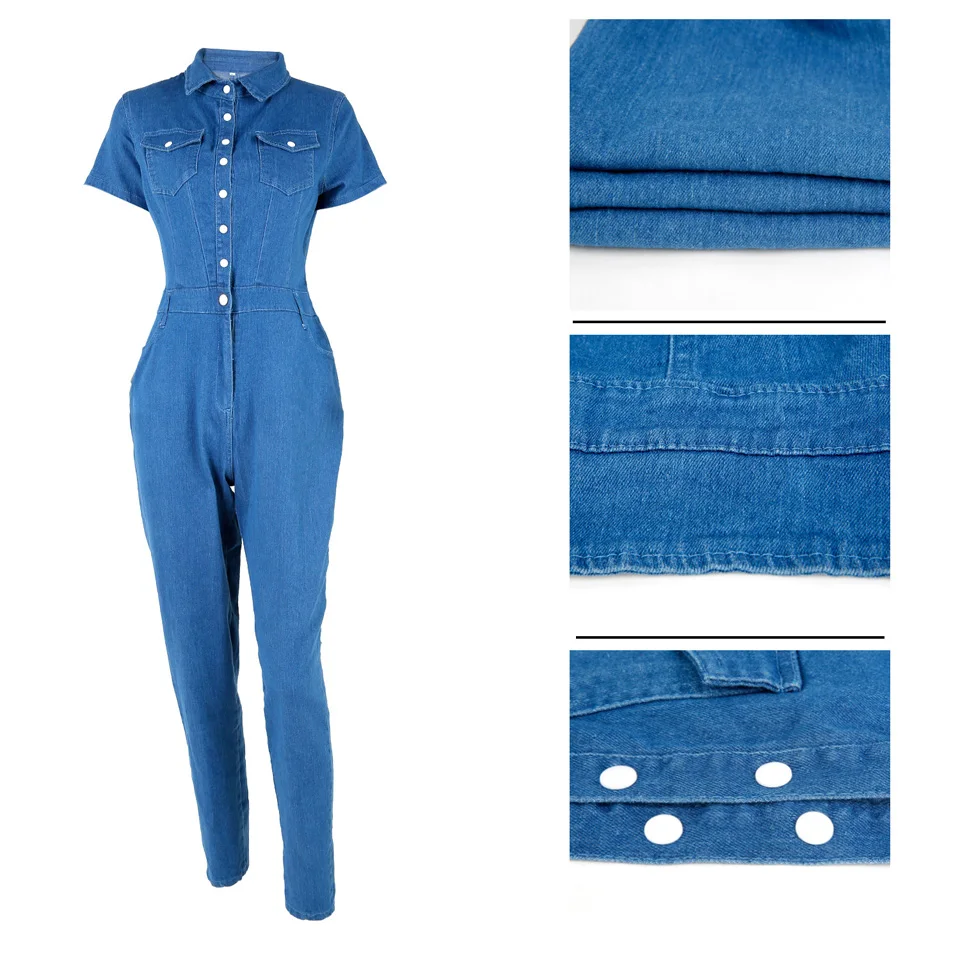 

Karlofea Denim Rompers Women Jumpsuits Short Sleeve Slim Jeans Fashion Daily Outfits Jumpsuit Casual Overalls Plus Size XXXL