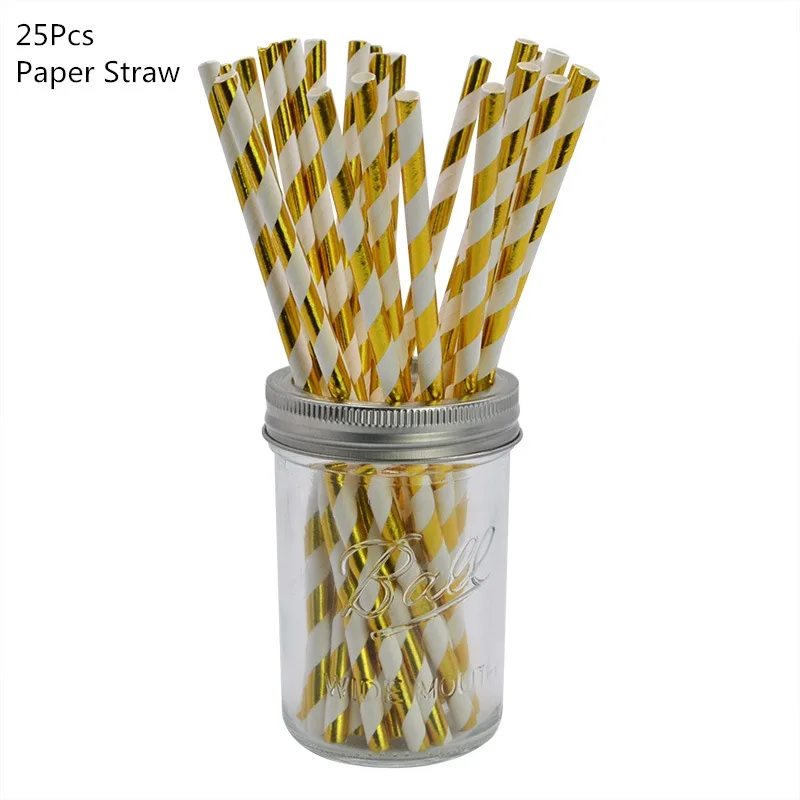 25pcs paper straw Черное золото с днем рождения баннер шары гелий номер фольги воздушный шар для маленьких мальчиков детей взрослых 18 30 день рождения украшения - Цвет: 25pcs paper straw