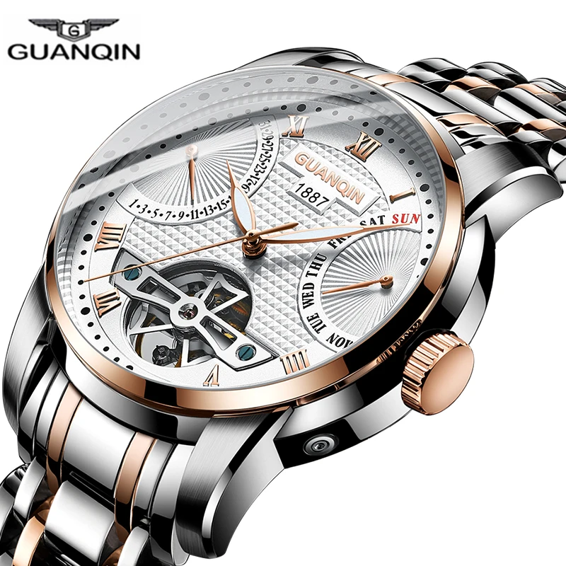 Часы GUANQIN мужские механические водонепроницаемые автоматические с турбийоном из