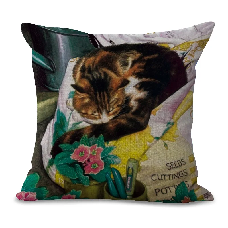 Cat чехол накладка с мультипликационным рисунком для подушек из хлопка и льна