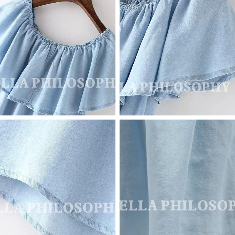 Женское джинсовое платье Bella Philosophy голубое повседневное с оборками вырезом