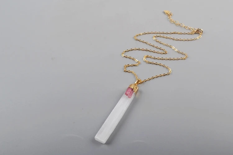 Necklace (pink) Ручной работы прямоугольник позолоченный селенитовый камень с натуральными аметистами Турмалин Подвески 18 дюймов женское ожерелье Подарки Прямая поставка G1805 - Metal color: Necklace (pink)